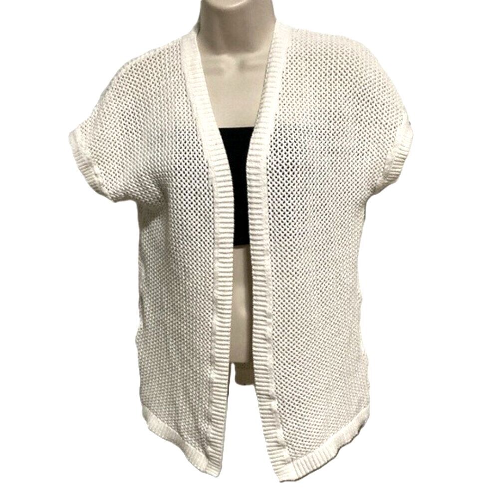 MERONA Cardigan Sweater White Net Crochet Open front Half Sleeves Womens Medium